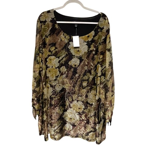 Susan Graver Women's Top 5X Foil Print Knit Floral Gold Brown Plus Size - Picture 1 of 8